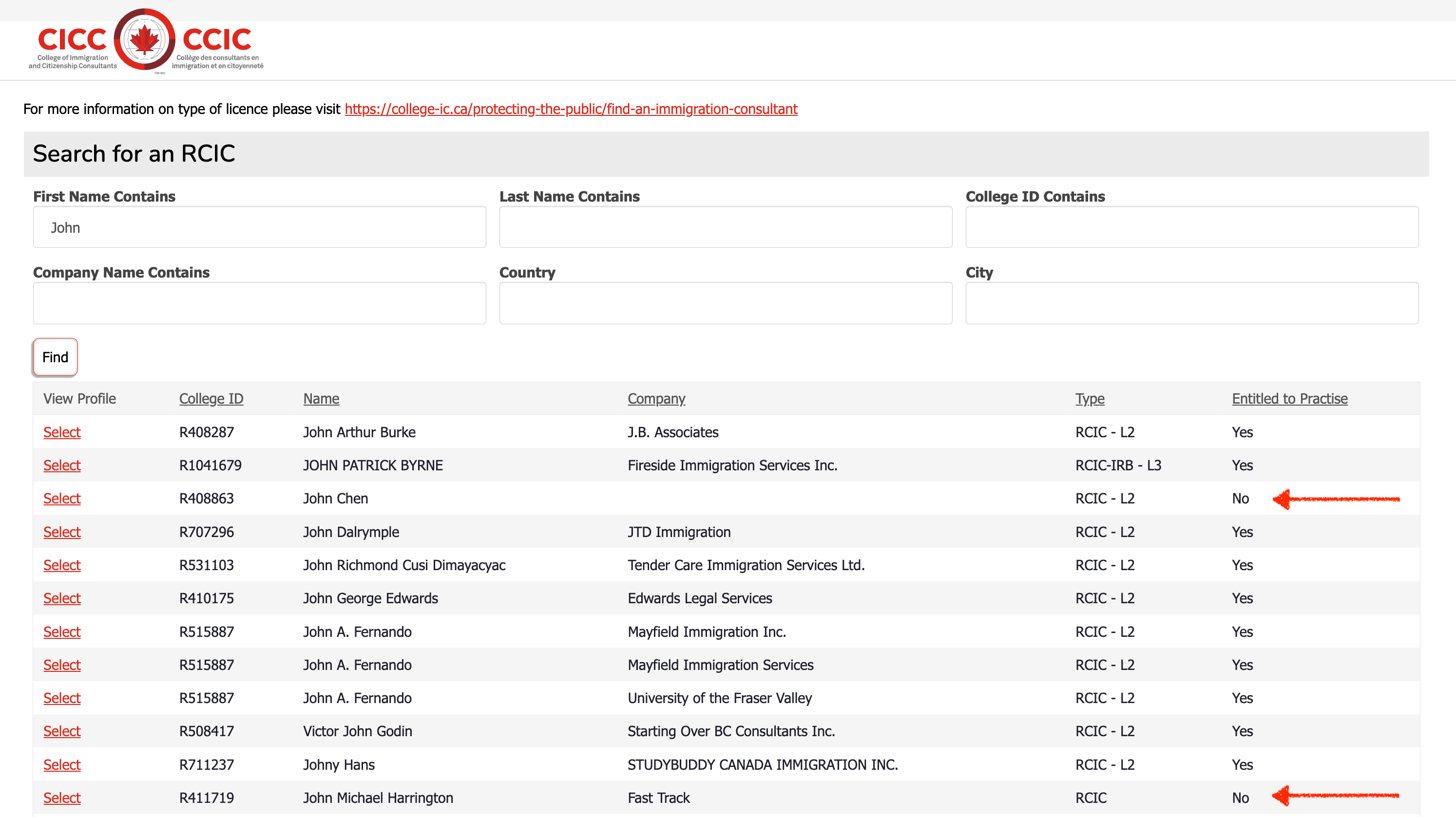 RCIC database College IC showing ineligible RCICs as of Apr 09, 2026